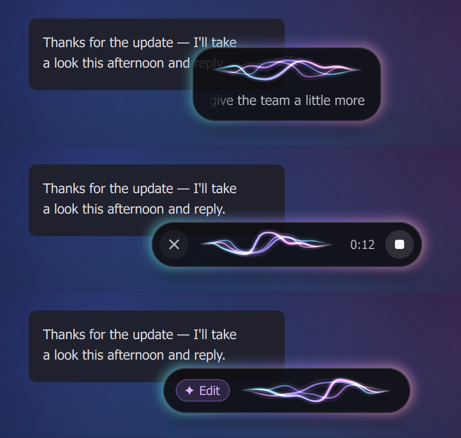 The Whisp overlay in three states: a live preview of the words being spoken, hands-free mode with a timer and a stop button, and command mode with an Edit tag.